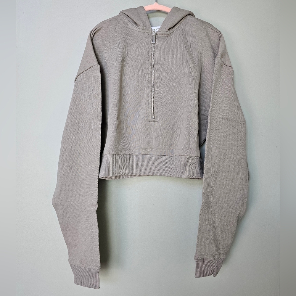 WEWOREWHAT Half-Zip Fleece Oversized Cropped Hoodie in Stone Color, Women's - Picture 3 of 9